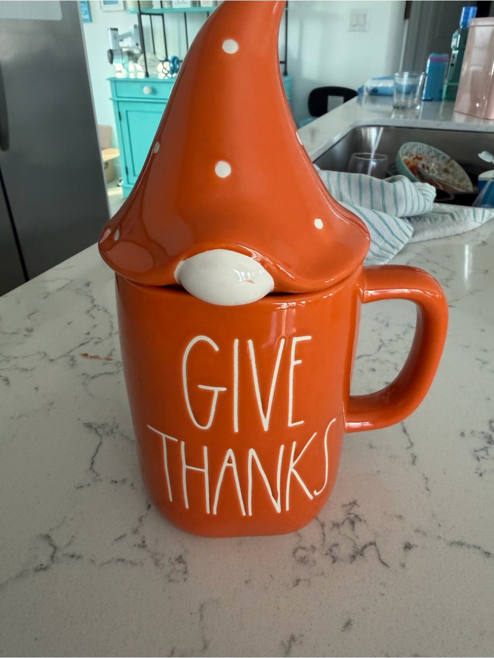 Rae Dunn Orange 'Give Thanks' Gnome Lid Ceramic Mug
